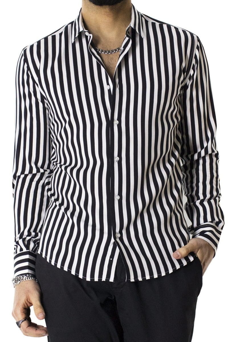 Camicia Uomo righe larghe Nere In Viscosa vestibilita comoda Collo Italiano Piccolo