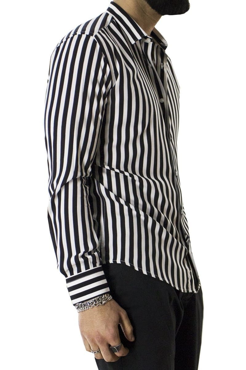Camicia Uomo righe larghe Nere In Viscosa vestibilita comoda Collo Italiano Piccolo