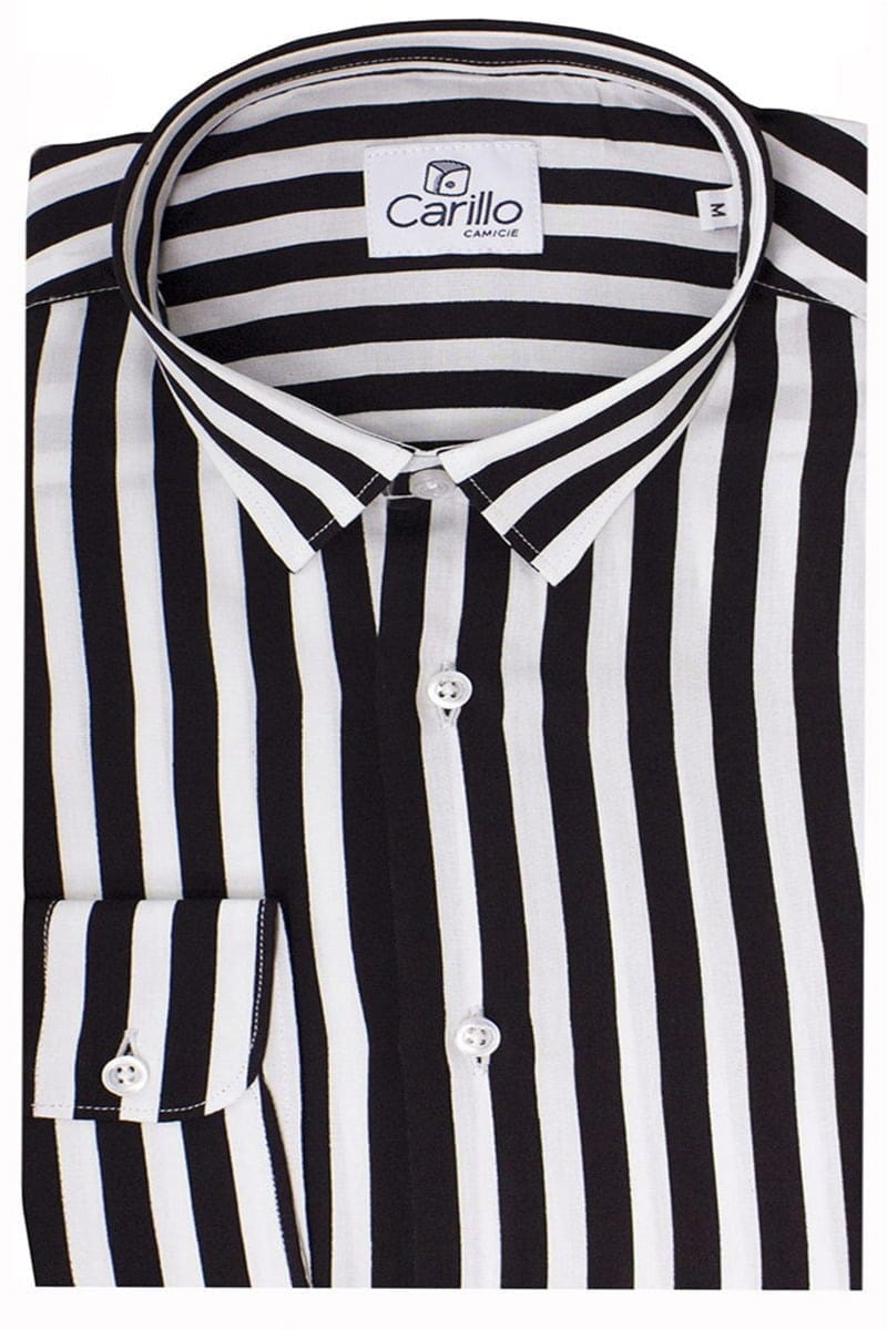 Camicia Uomo righe larghe Nere In Viscosa vestibilita comoda Collo Italiano Piccolo