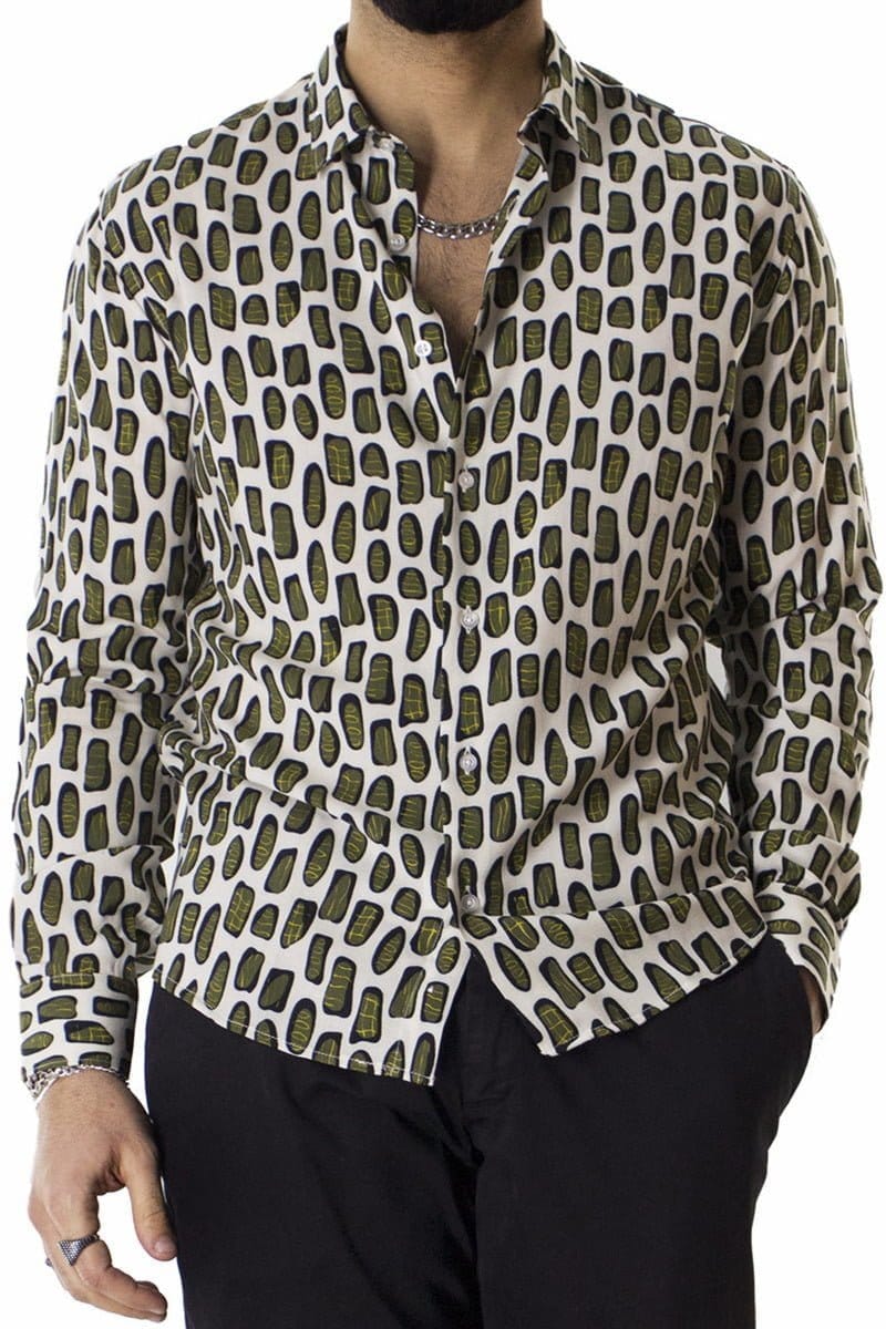 Camicia Uomo In Viscosa fantasia Macchie Verdi vestibilita comoda Collo Italiano