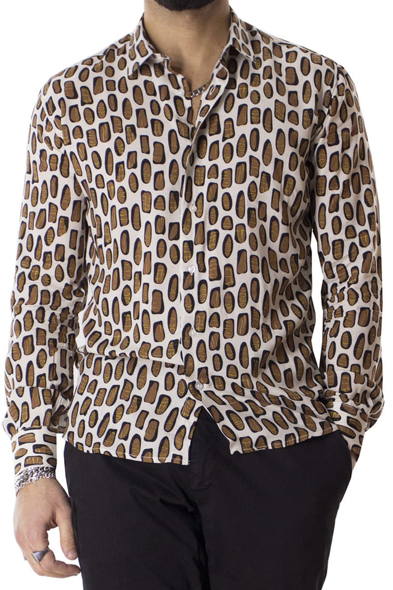 Camicia Uomo In Viscosa fantasia Macchie Marroni vestibilita comoda Collo Italiano
