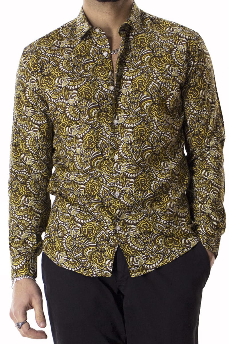 Camicia Uomo In Viscosa fantasia Egizia Marrone vestibilita comoda Collo Italiano