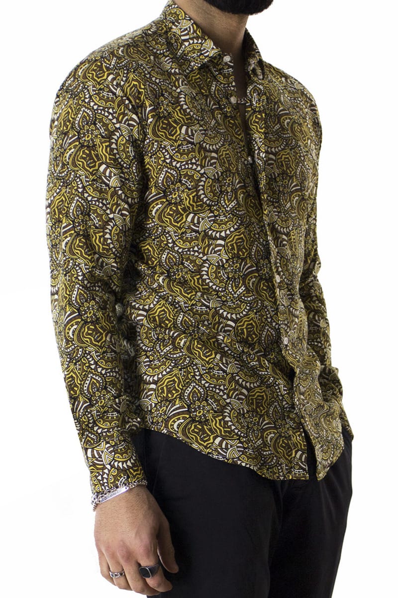 Camicia Uomo In Viscosa fantasia Egizia Marrone vestibilita comoda Collo Italiano