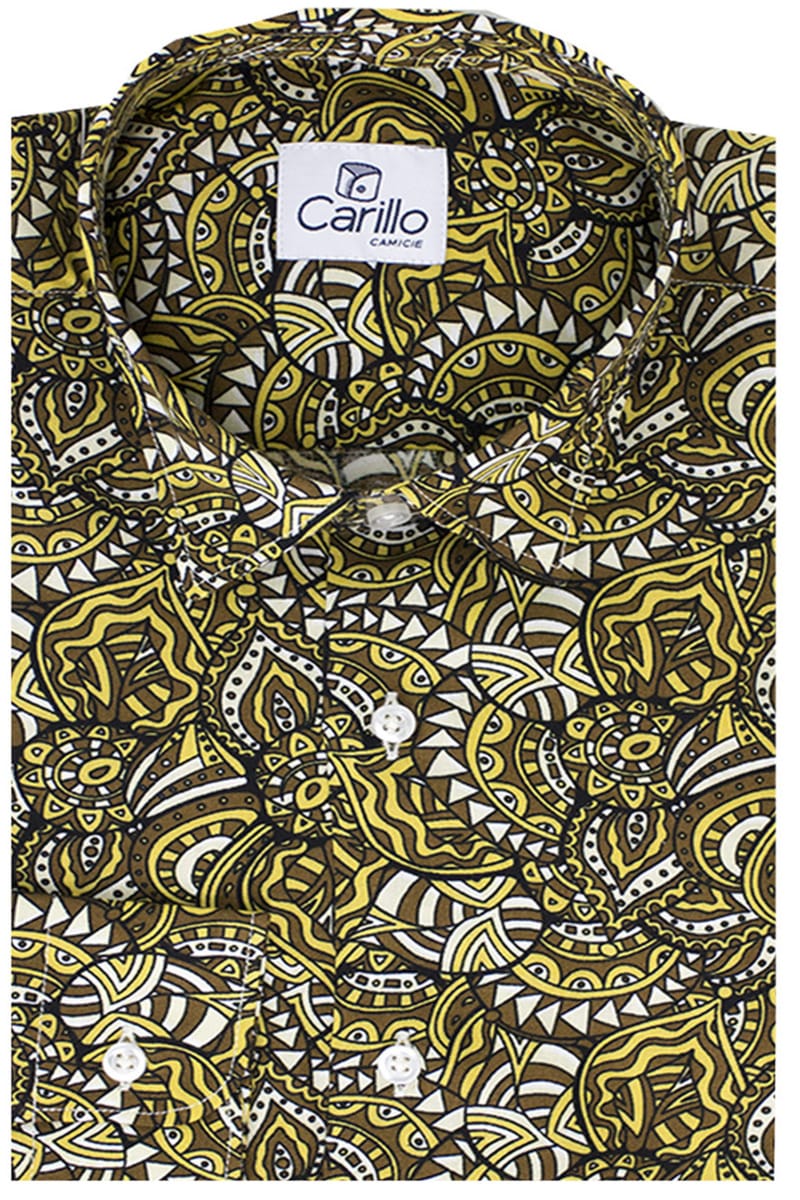 Camicia Uomo In Viscosa fantasia Egizia Marrone vestibilita comoda Collo Italiano