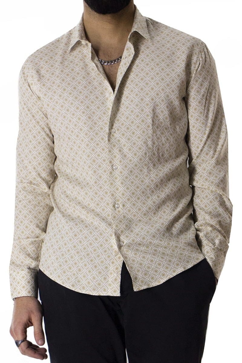 Camicia Uomo In Viscosa fantasia Vortici Beige vestibilita comoda Collo Italiano