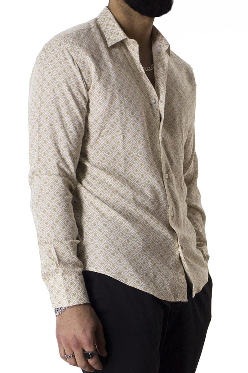 Camicia Uomo In Viscosa fantasia Vortici Beige vestibilita comoda Collo Italiano