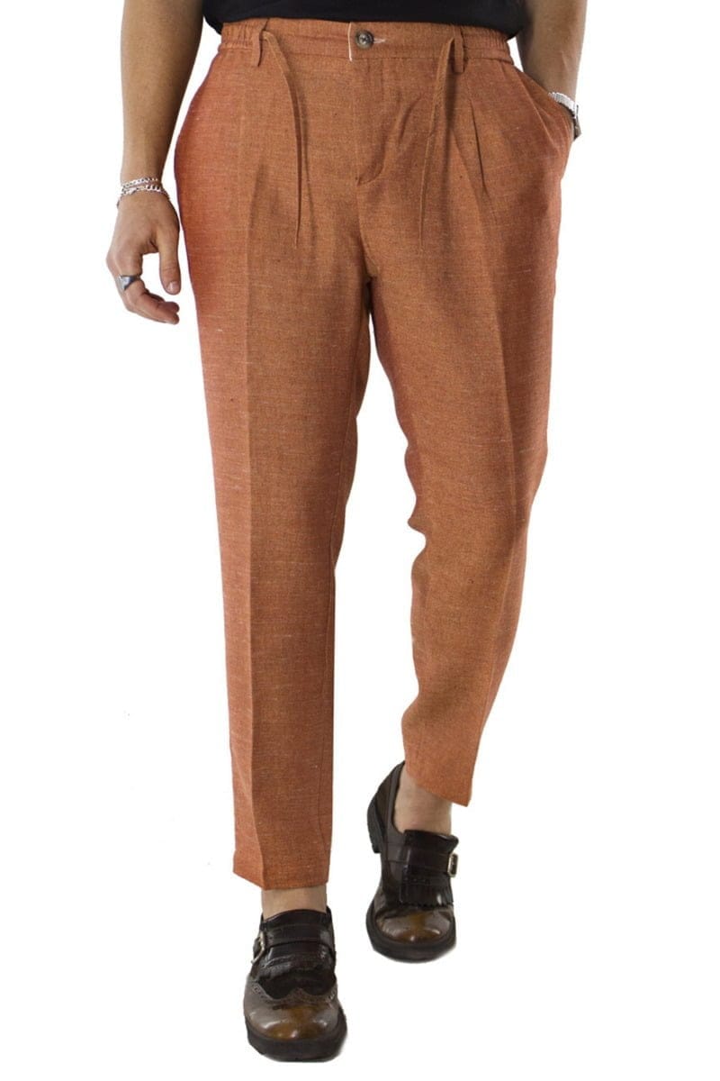 Pantalaccio Uomo Arancio in Lino estivo con pence Tinta Unita vestibilita comoda