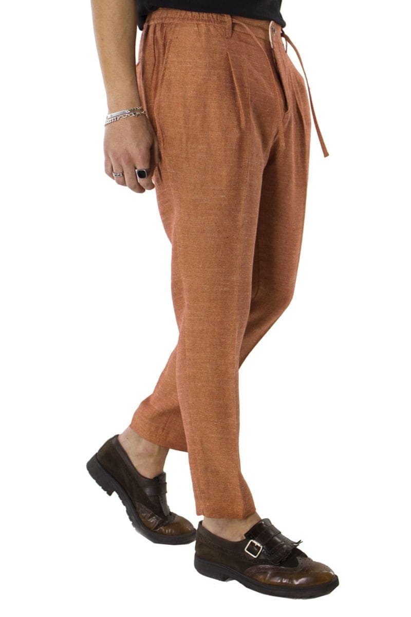 Pantalaccio Uomo Arancio in Lino estivo con pence Tinta Unita vestibilita comoda