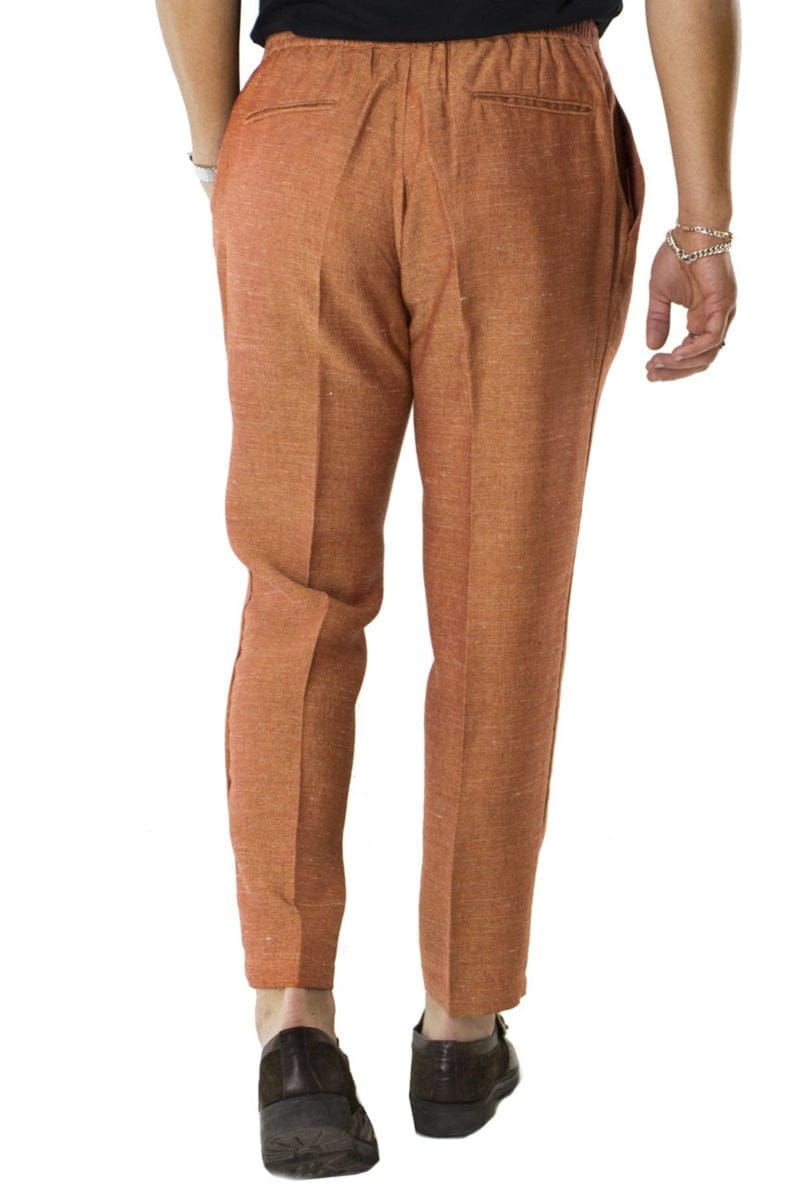 Pantalaccio Uomo Arancio in Lino estivo con pence Tinta Unita vestibilita comoda