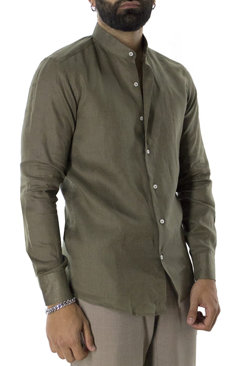 Camicia uomo militare in lino 100% collo coreano tinta unita vestibilita comoda