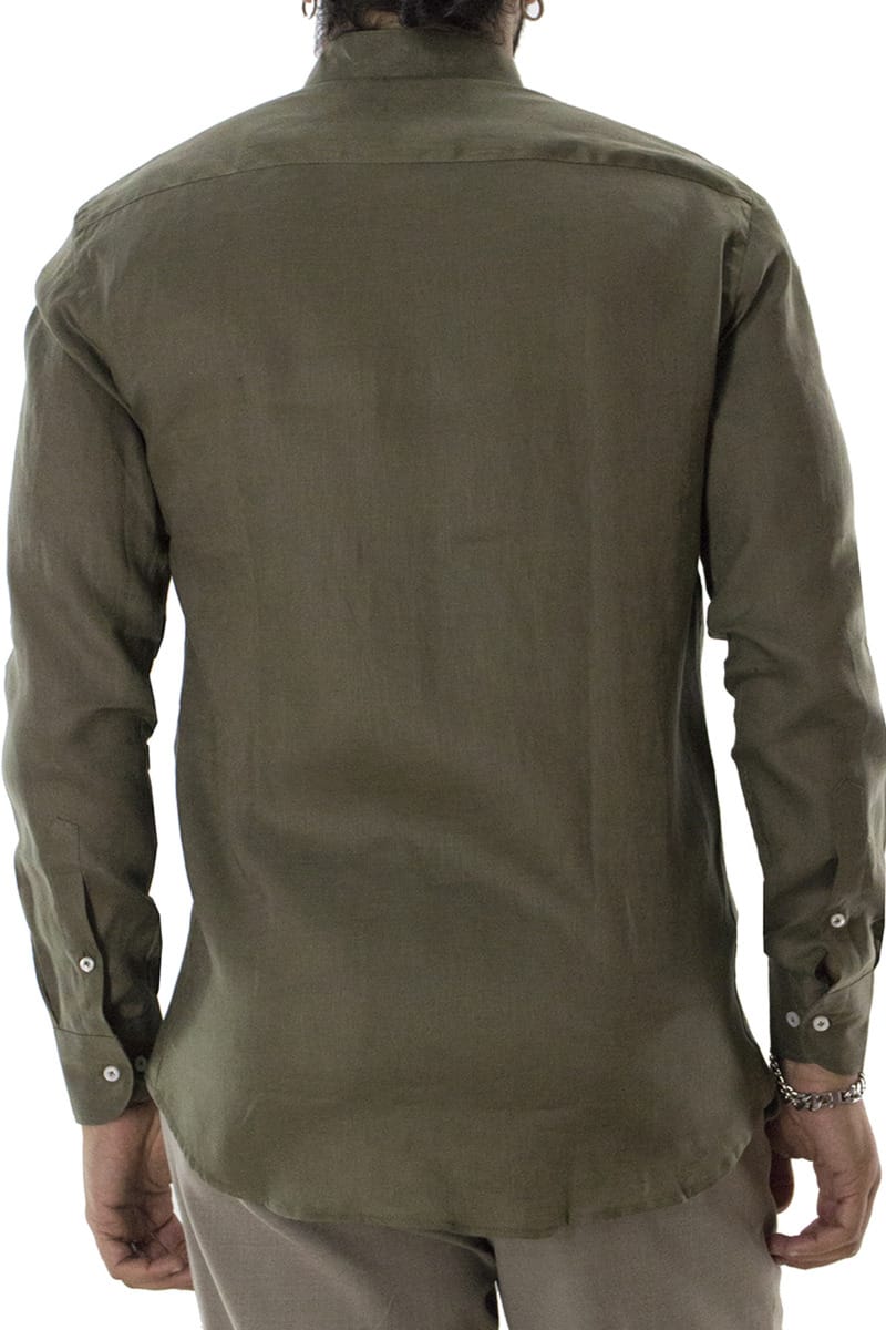 Camicia uomo militare in lino 100% collo coreano tinta unita vestibilita comoda