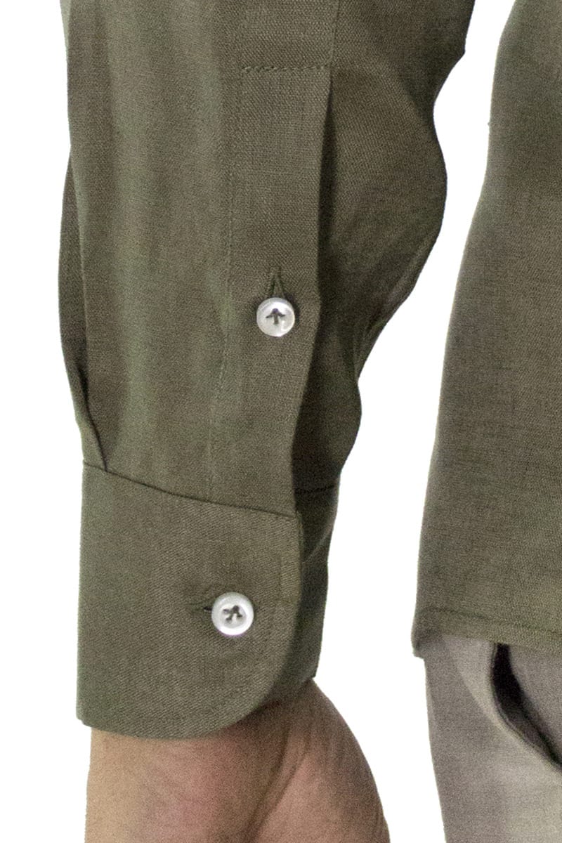 Camicia uomo militare in lino 100% collo coreano tinta unita vestibilita comoda