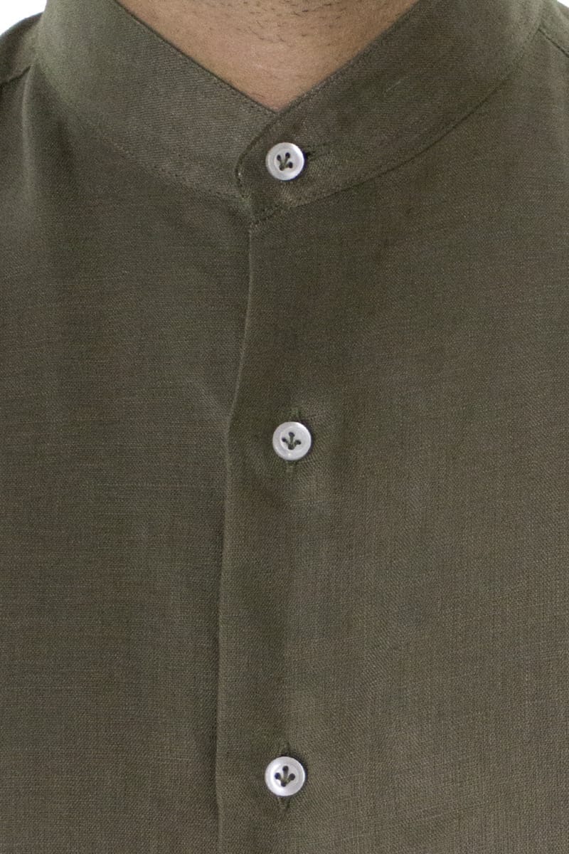 Camicia uomo militare in lino 100% collo coreano tinta unita vestibilita comoda