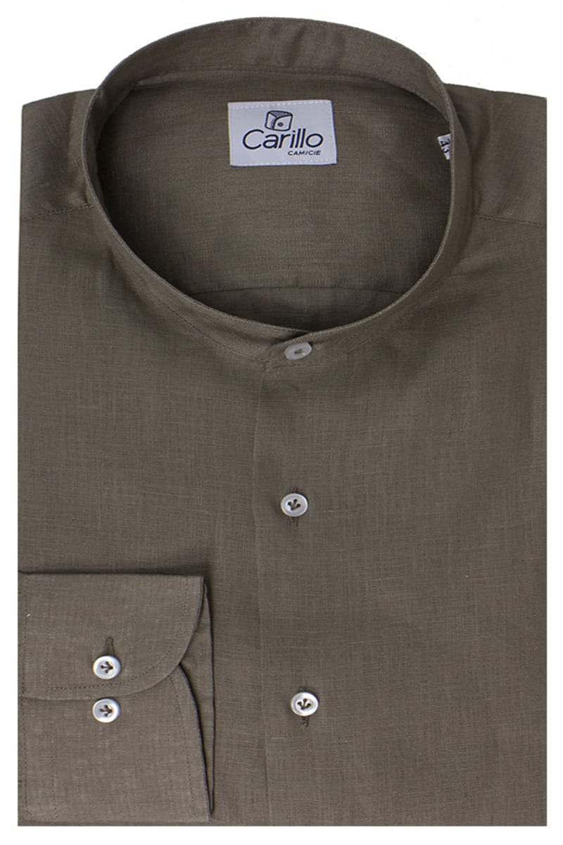 Camicia uomo Fango in lino 100% collo coreano tinta unita vestibilita comoda