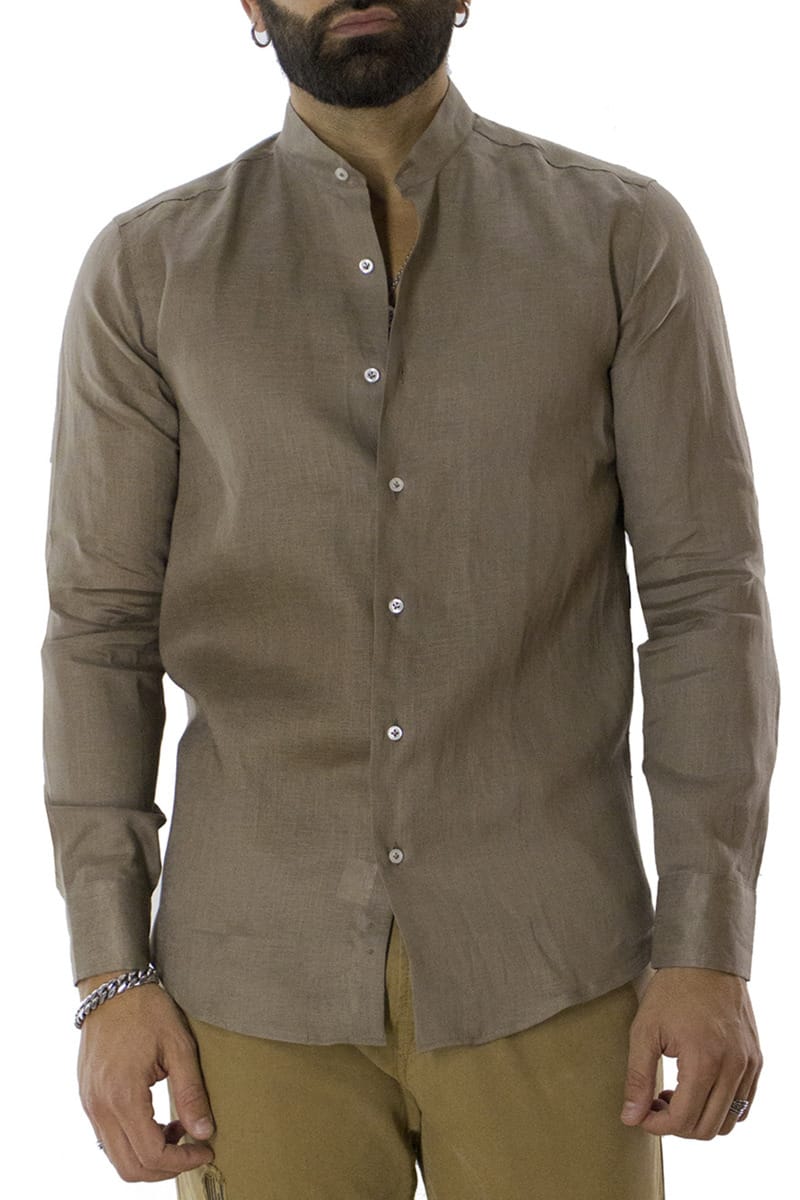 Camicia uomo Fango in lino 100% collo coreano tinta unita vestibilita comoda