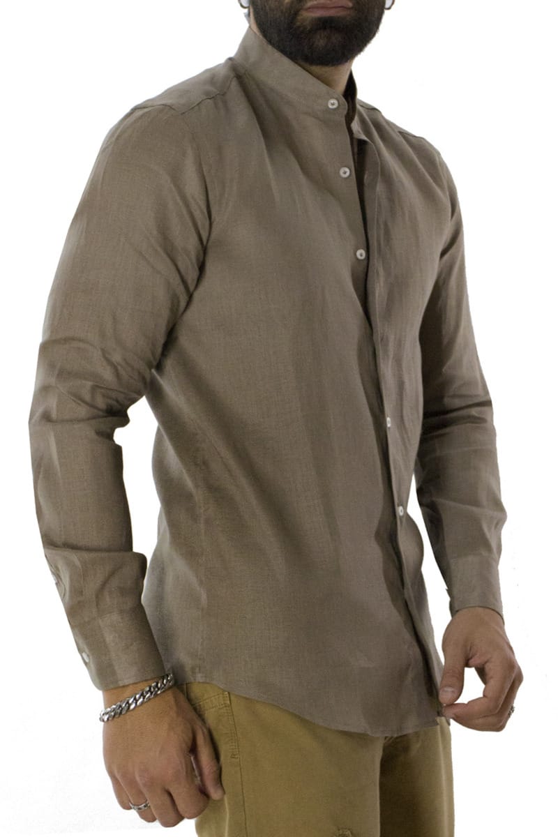 Camicia uomo Fango in lino 100% collo coreano tinta unita vestibilita comoda