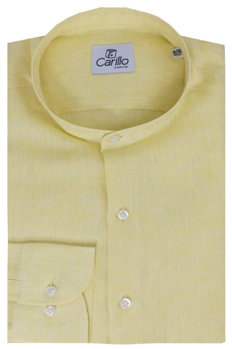 Camicia uomo Giallina in lino 100% collo coreano tinta unita vestibilita comoda
