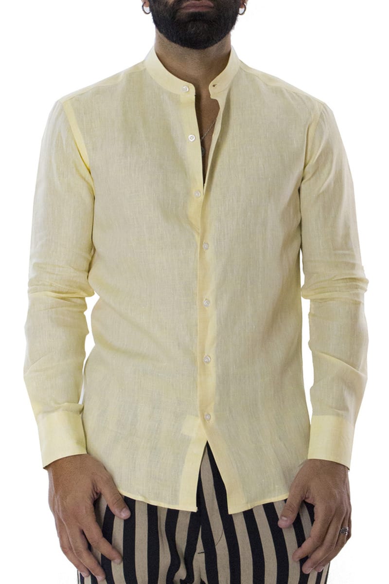 Camicia uomo Giallina in lino 100% collo coreano tinta unita vestibilita comoda