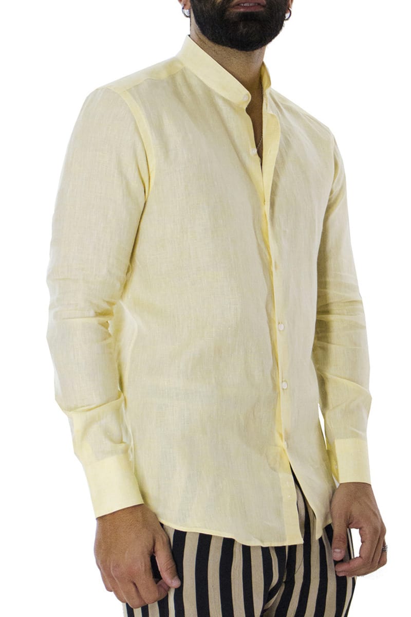 Camicia uomo Giallina in lino 100% collo coreano tinta unita vestibilita comoda