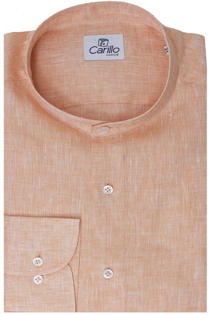 Camicia uomo Salmone in lino 100% collo coreano tinta unita vestibilita comoda