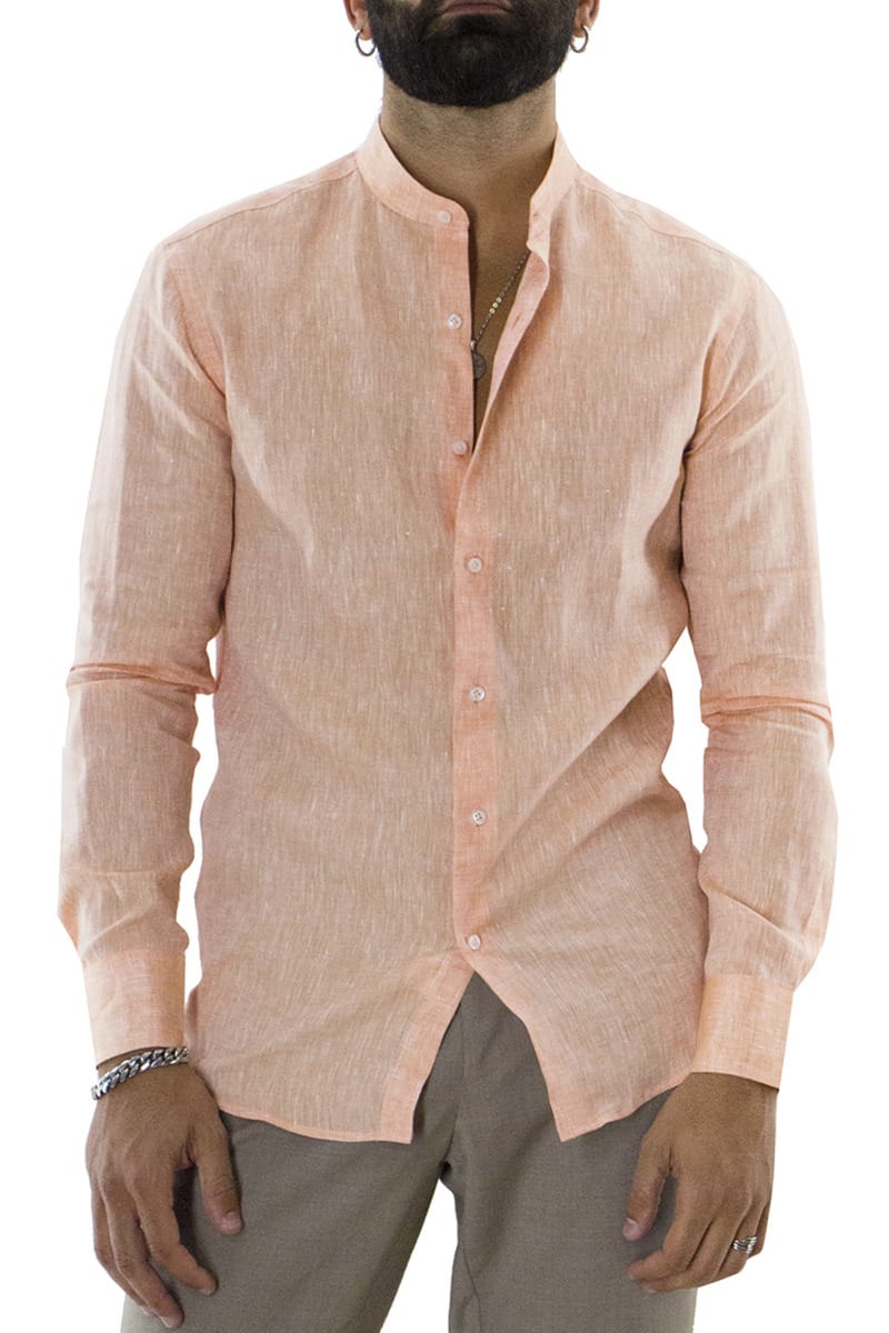 Camicia uomo Salmone in lino 100% collo coreano tinta unita vestibilita comoda
