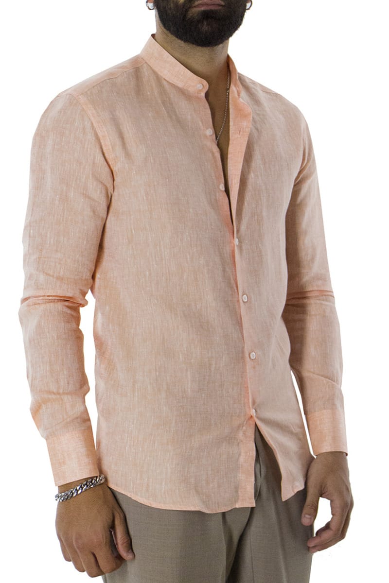 Camicia uomo Salmone in lino 100% collo coreano tinta unita vestibilita comoda