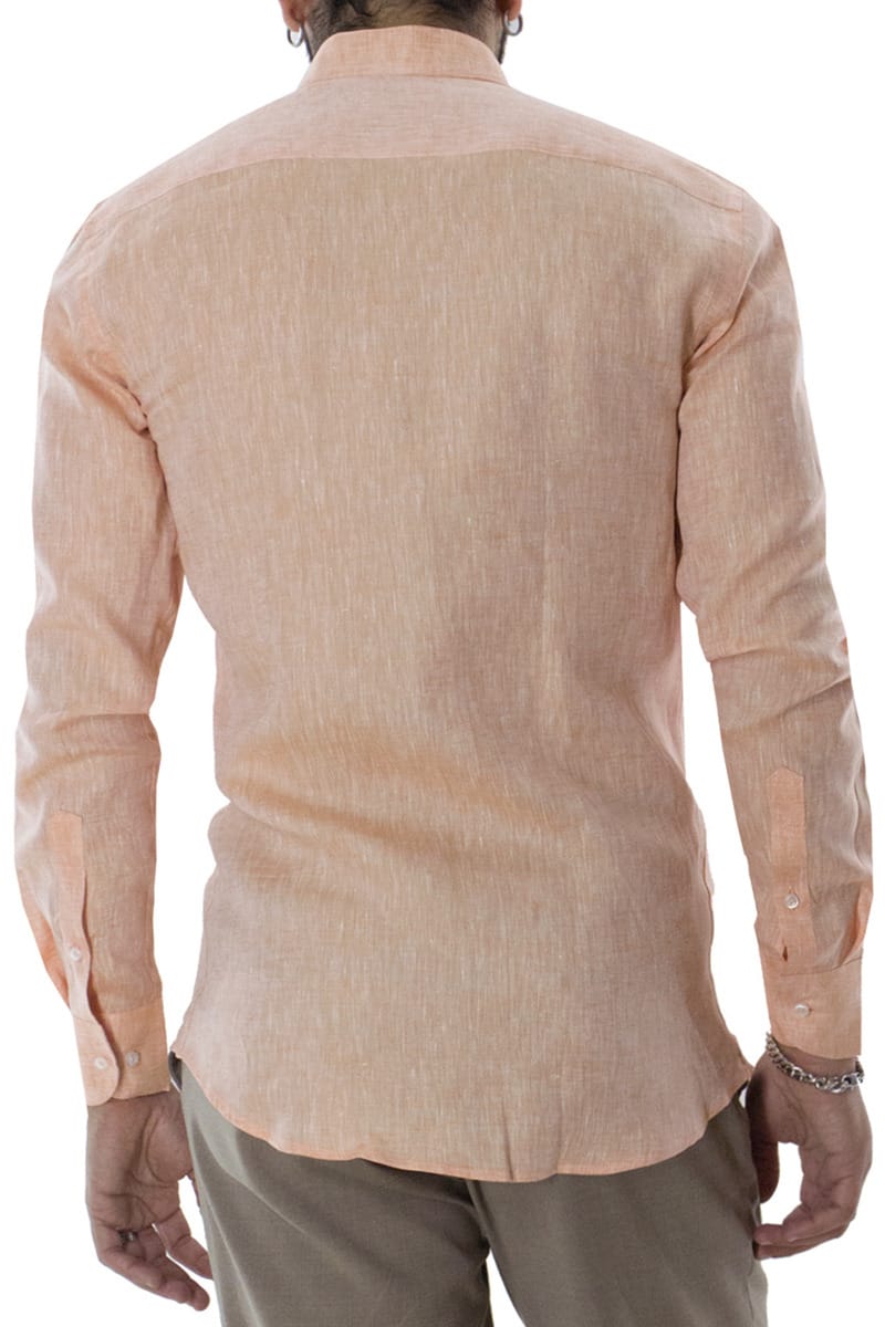 Camicia uomo Salmone in lino 100% collo coreano tinta unita vestibilita comoda