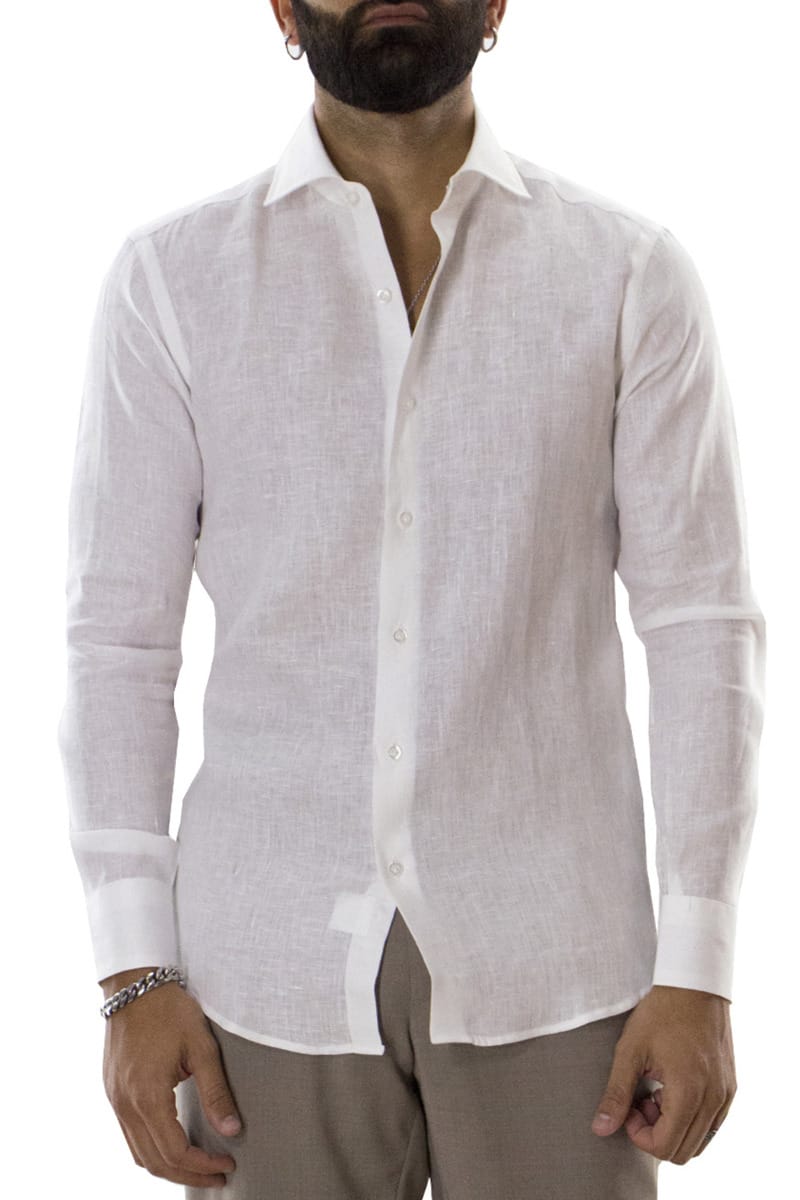 Camicia uomo bianca in lino 100% collo semi francese tinta unita vestibilita comoda