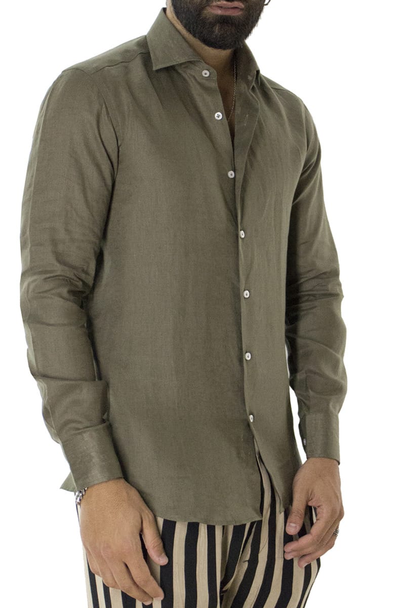 Camicia uomo Militare in lino 100% collo semi francese tinta unita vestibilita comoda