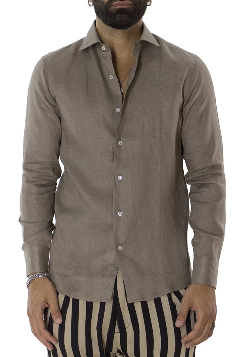 Camicia uomo Fango in lino 100% collo semi francese tinta unita vestibilita comoda