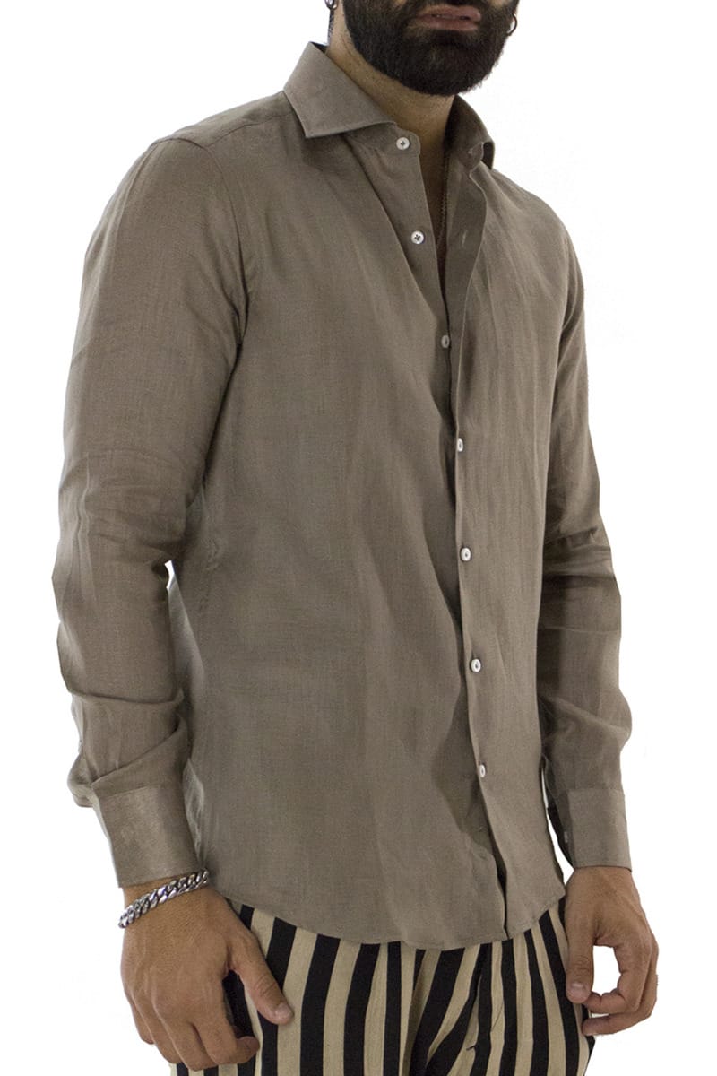 Camicia uomo Fango in lino 100% collo semi francese tinta unita vestibilita comoda