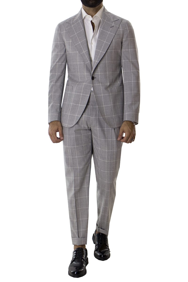 Pantalone uomo grigio a quadri vita alta con pinces fibbie laterali e risvolto 4cm