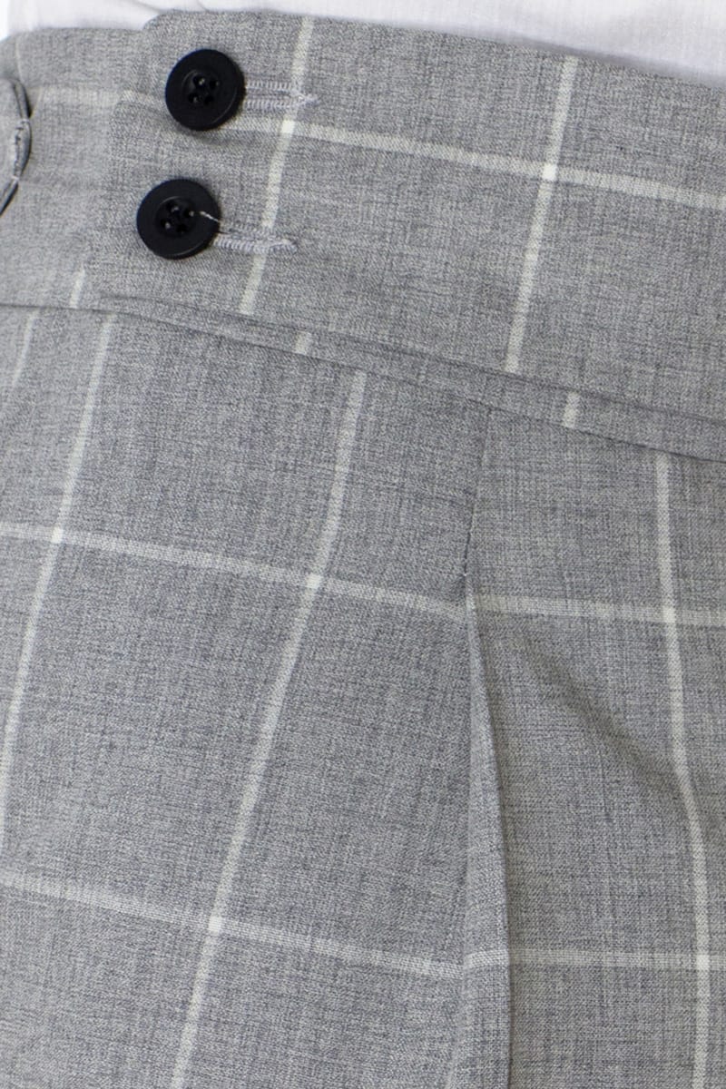 Pantalone uomo grigio a quadri vita alta con pinces fibbie laterali e risvolto 4cm