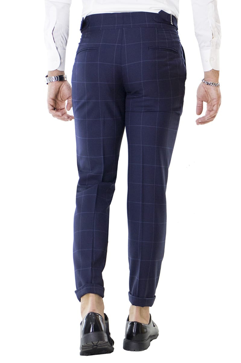 Pantalone uomo Blu a quadri vita alta con pinces fibbie laterali e risvolto 4cm