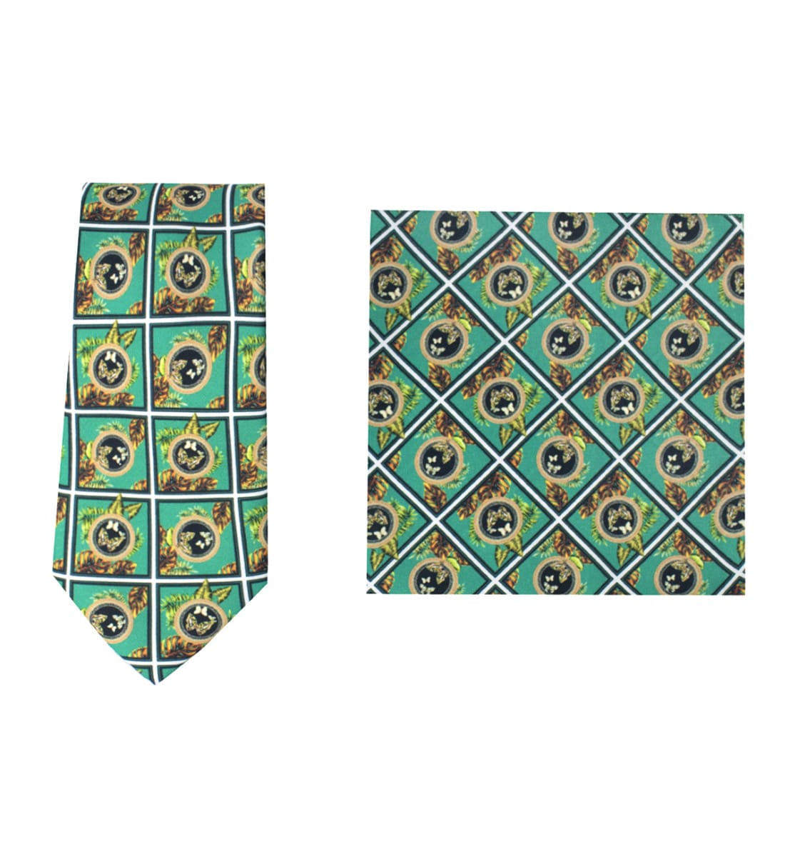 Cravatta uomo verde fantasia simil versace compresa di pochette abbinata