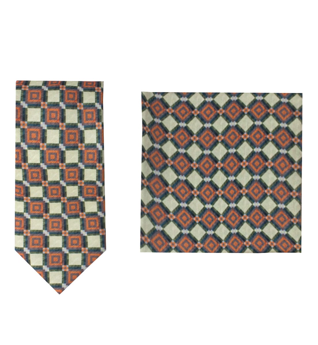 Cravatta uomo beige fantasia quadri arancio compresa di pochette abbinata
