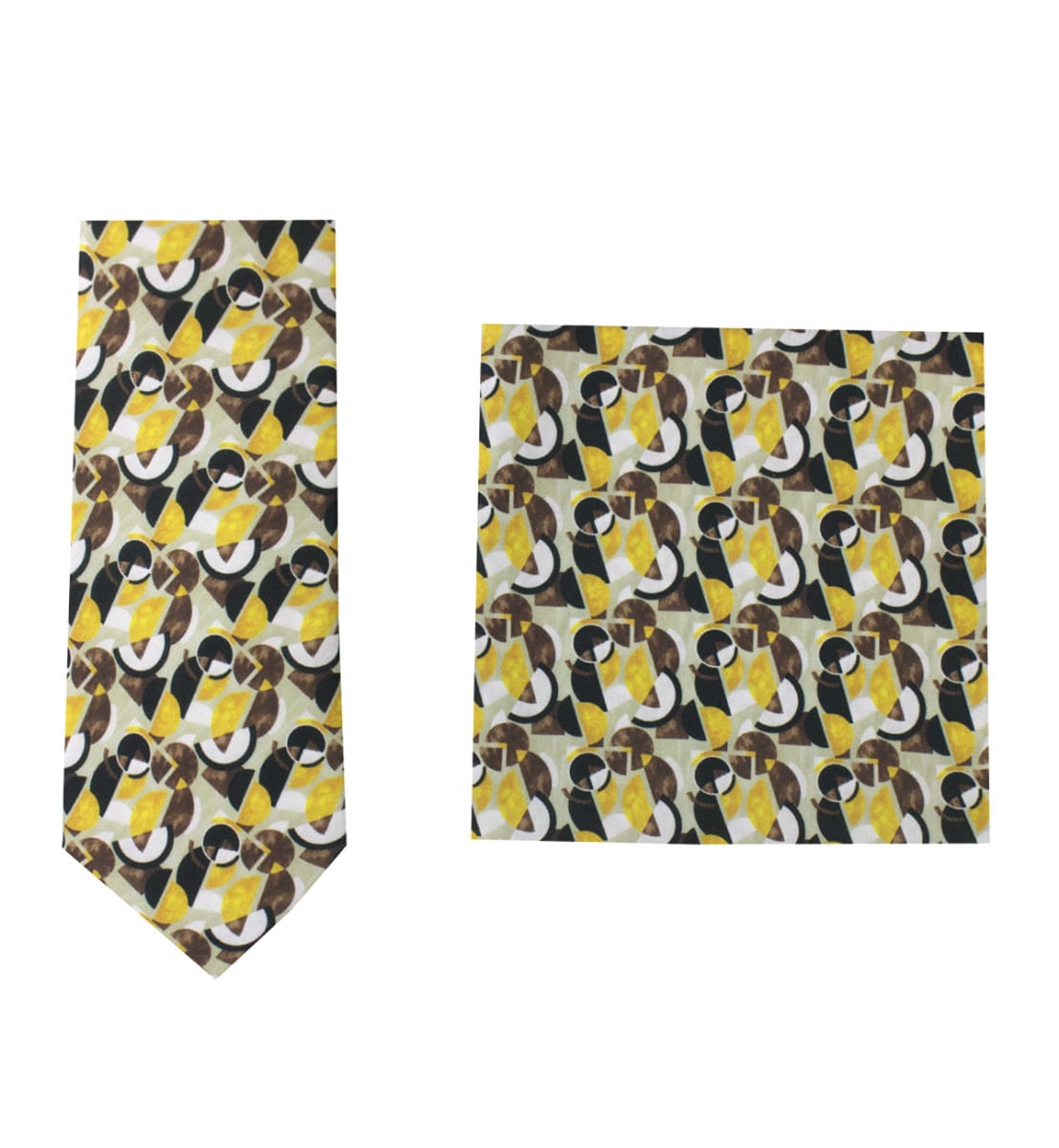 Cravatta uomo beige fantasia cerchi marroni e giallo compresa di pochette abbinata