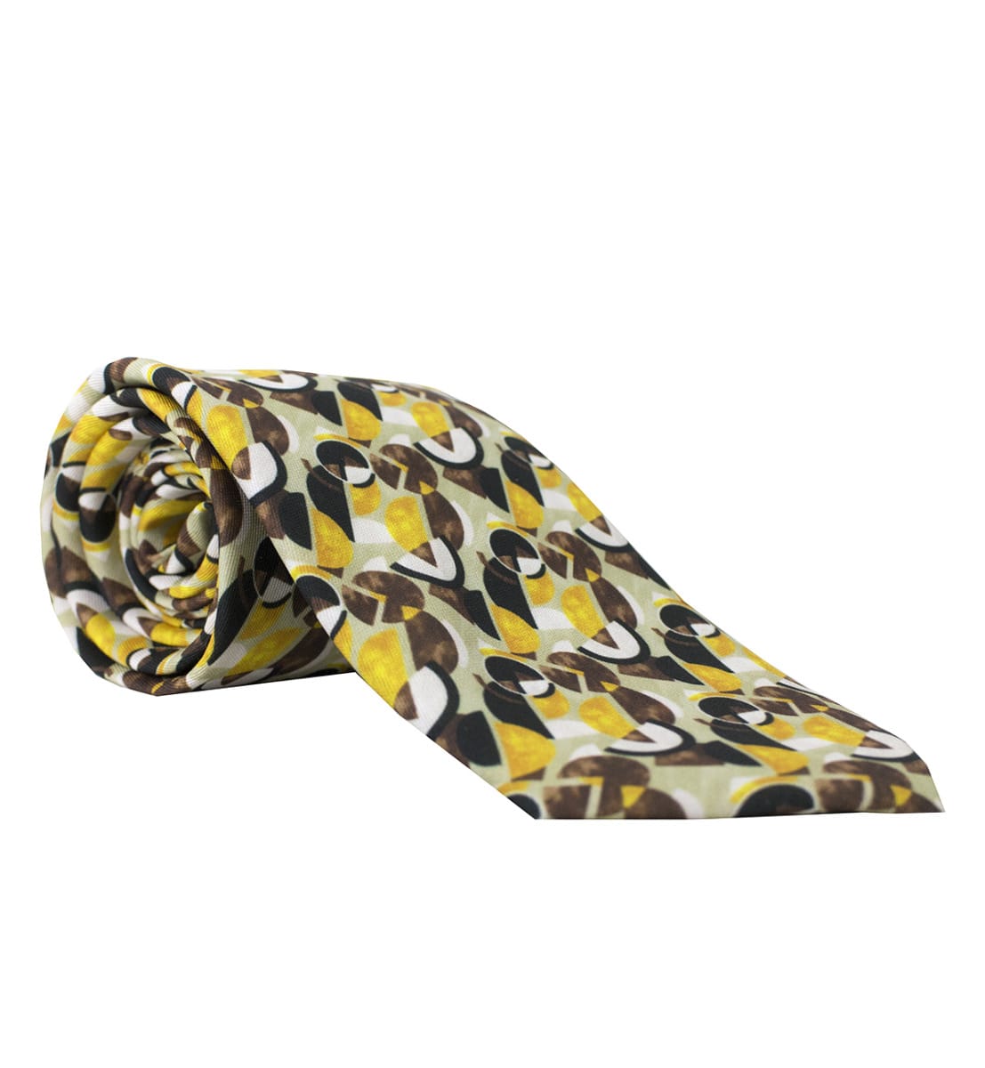 Cravatta uomo beige fantasia cerchi marroni e giallo compresa di pochette abbinata