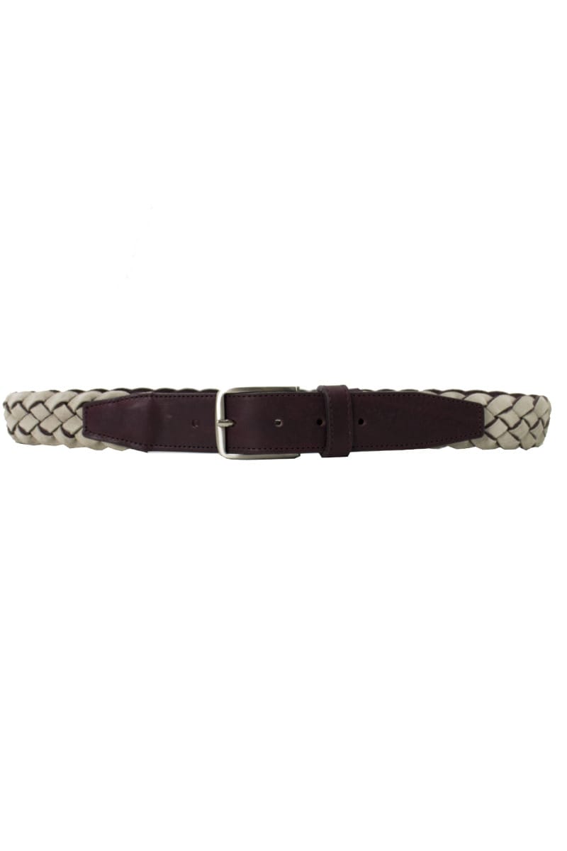 Cintura uomo grigia in camoscio retro  e fibbia pelle bordeaux