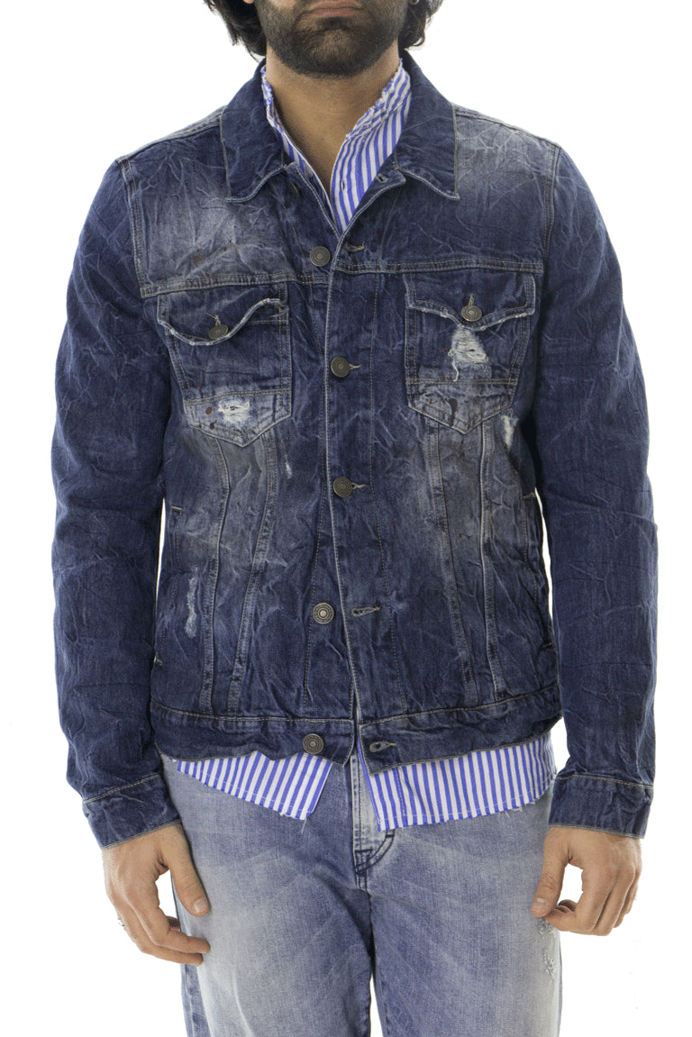 Giubbino estivo di jeans uomo rotture tinta unita slim fit chiusura con bottoni
