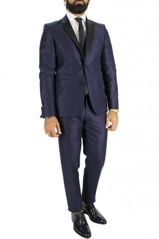 Abito uomo elegante monopetto in lana slim blu con revers in raso nero