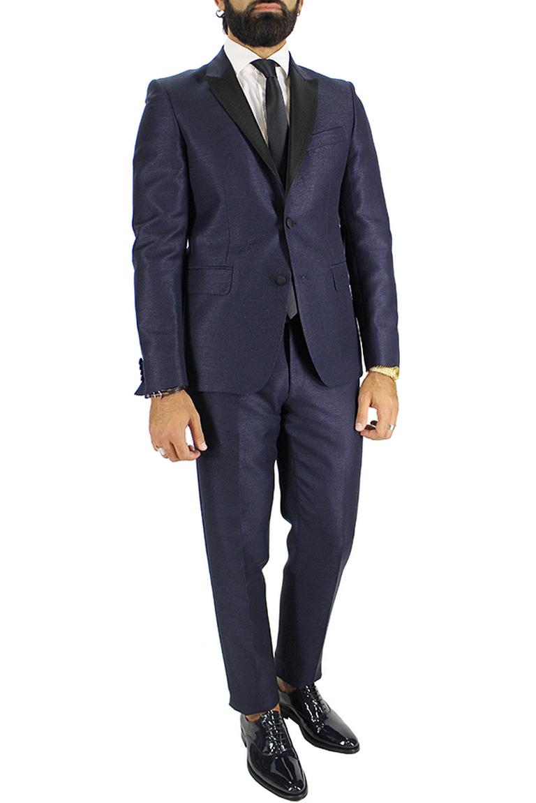 Abito uomo elegante monopetto in lana slim blu con revers in raso nero