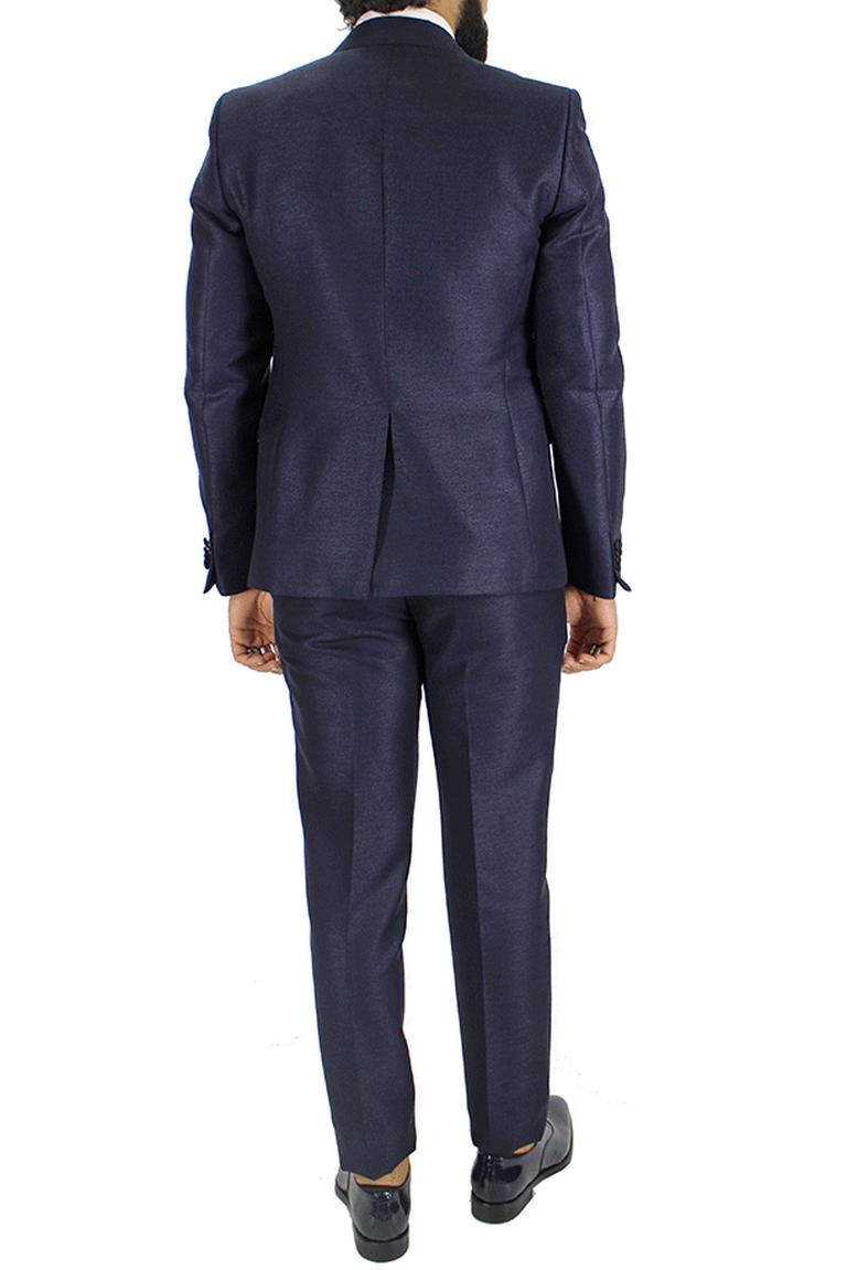 Abito uomo elegante monopetto in lana slim blu con revers in raso nero