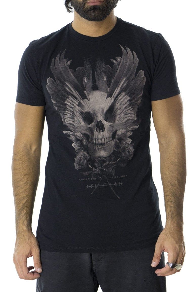 T-shirt uomo stampa teschio con ali modello girocollo regular cotone elastico
