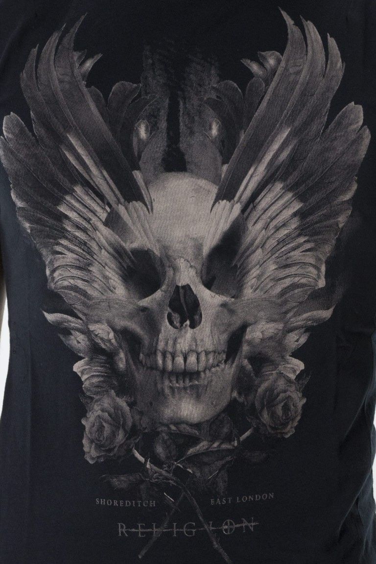 T-shirt uomo stampa teschio con ali modello girocollo regular cotone elastico