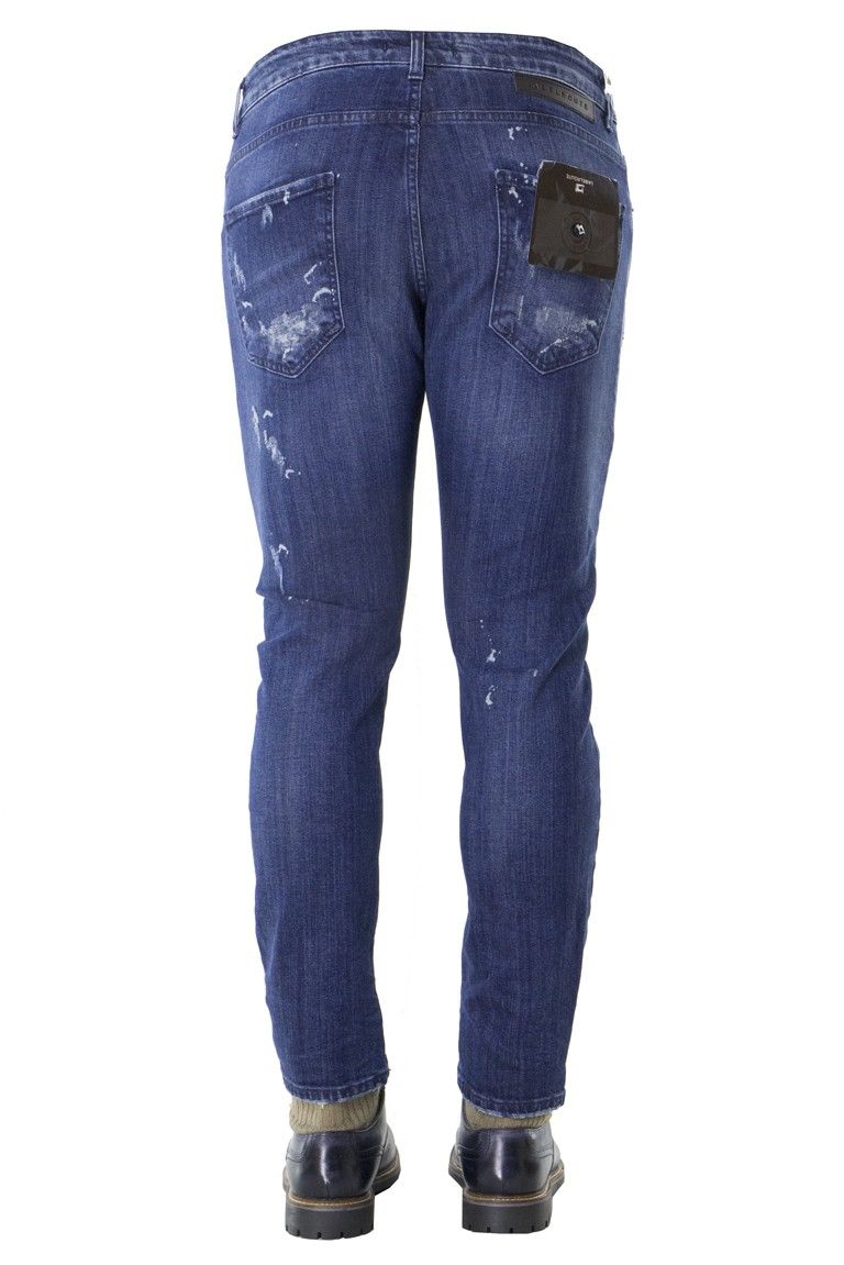 Jeans da uomo in cotone elastico slim 5 tasche lavaggio scuro con rotture