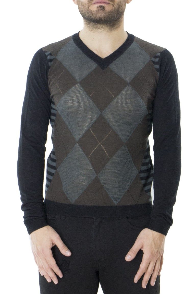 Maglioncino invernale da uomo in lana con scollo a V fantasia rombi slim fit
