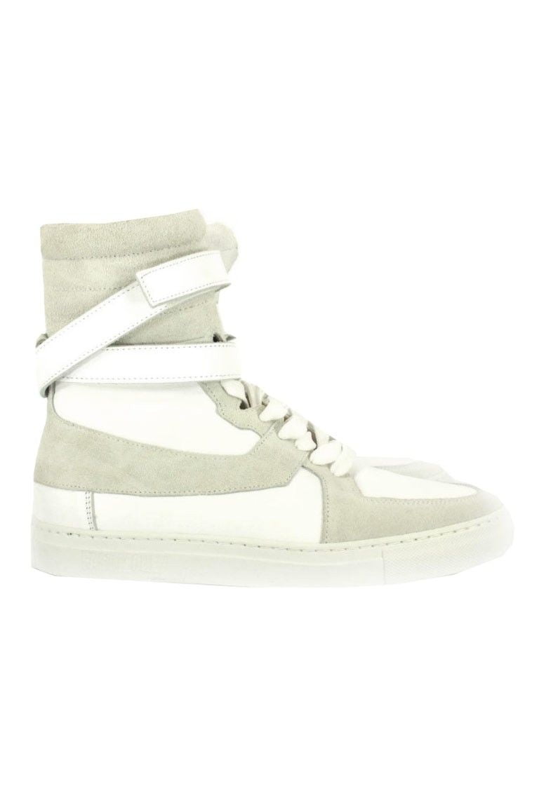 Sneakers alta in pelle e camoscio bianca e grigia al polpaccio