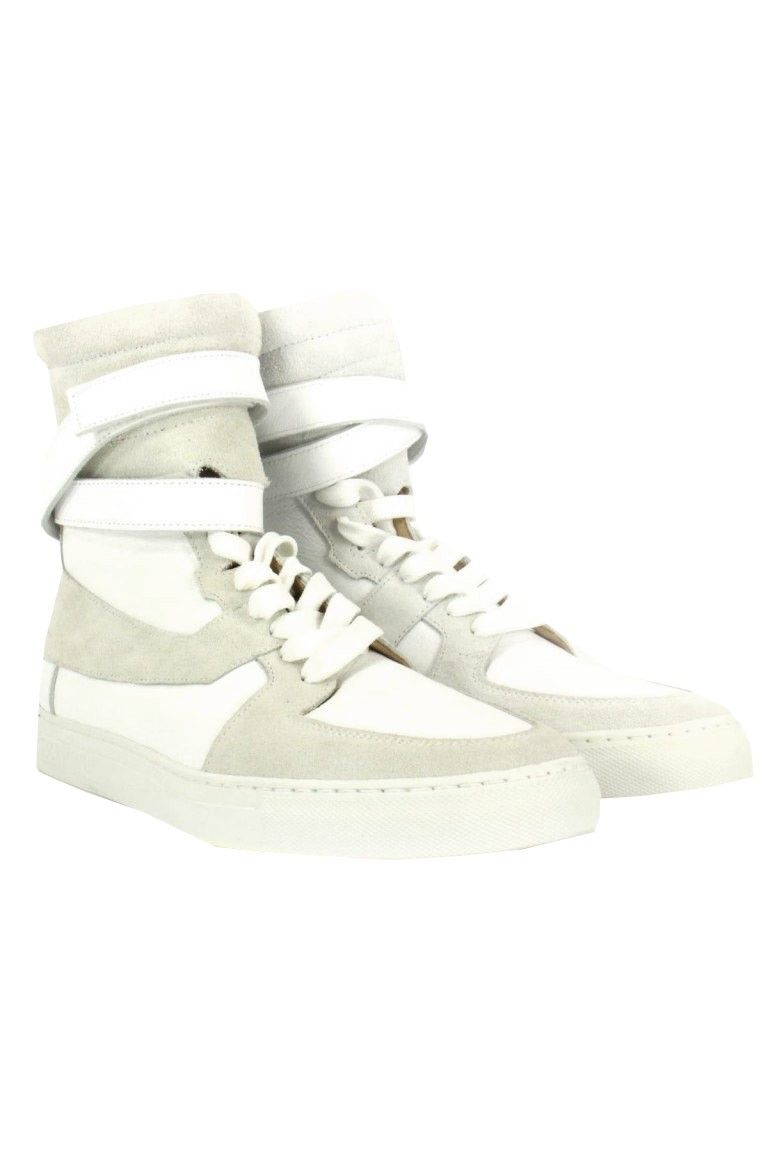 Sneakers alta in pelle e camoscio bianca e grigia al polpaccio