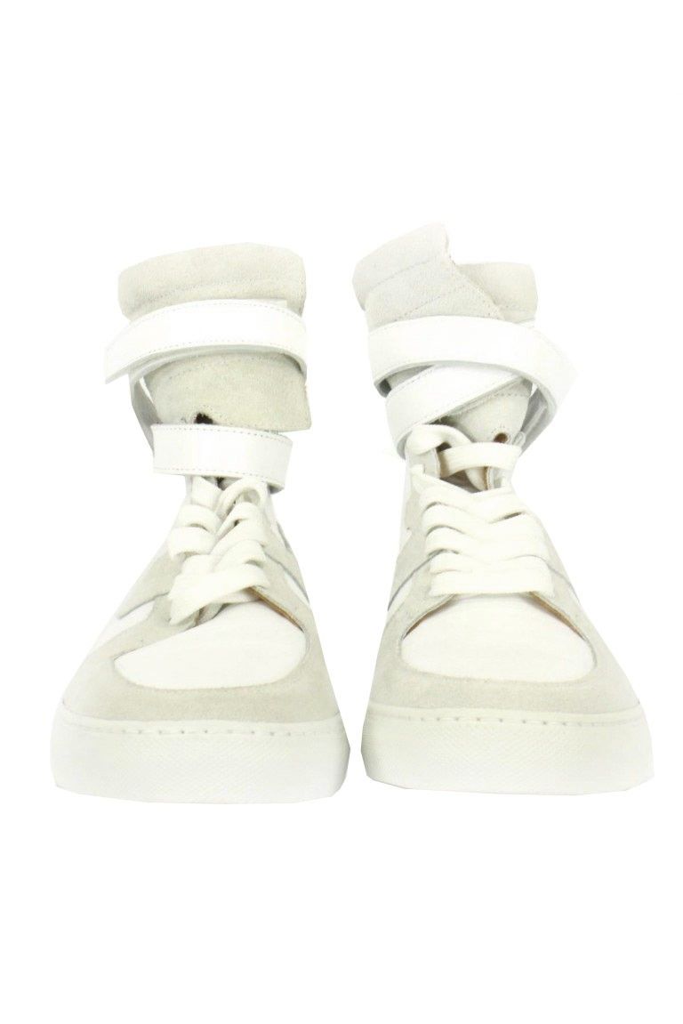 Sneakers alta in pelle e camoscio bianca e grigia al polpaccio
